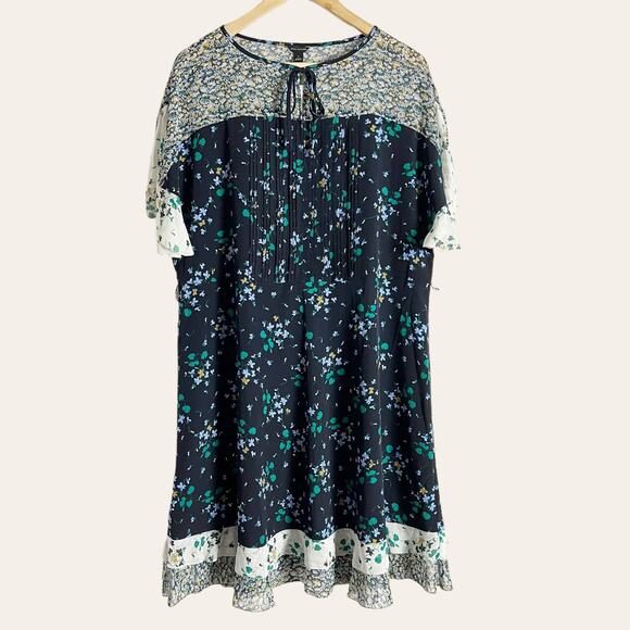 Ann Taylor Blue Mixed Floral Print Flounce Short Sleeve Dress Size 12 - Picture 1 of 13
